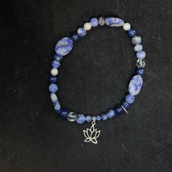 Marsala Co Sodalite, Faux Pearl & Sterling Silver Bracelet W/Lotus Charm (3787) - Picture 4 of 4